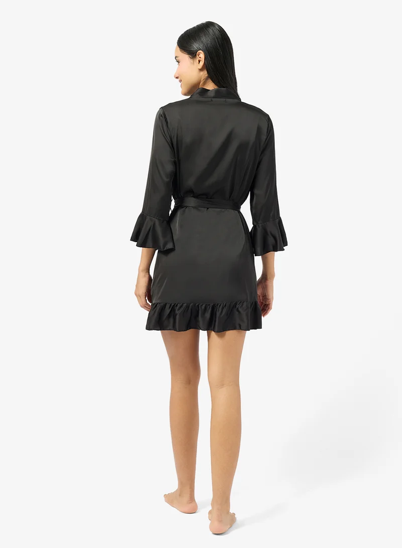 جينجر Satin Robe with Ruffle Hem